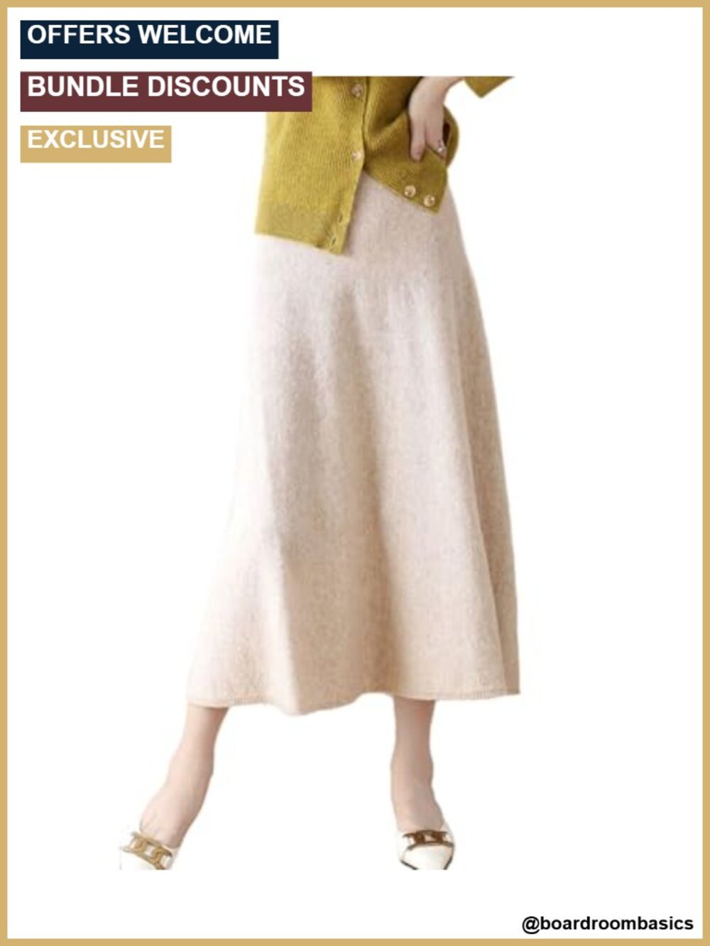 100% Merino Wool Ribbed Knit Midi Skirt High Waisted Ankle Length